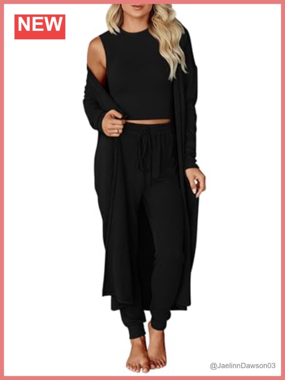 3 Piece Lounge Set Crewneck Crop Tank Drawstring Pants Cardigan Travel Outfit